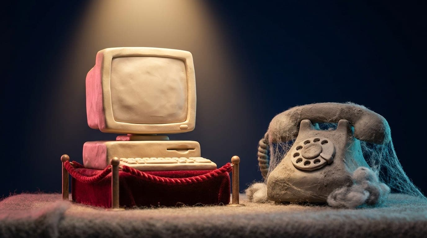 מחשב פלסטלינה מבריק מוצג על כן במוזיאון תחת זרקור וחבל אדום, ולידו טלפון חוגה ישן שקוע באבק וקורי עכביש שאף פעם לא מצלצל